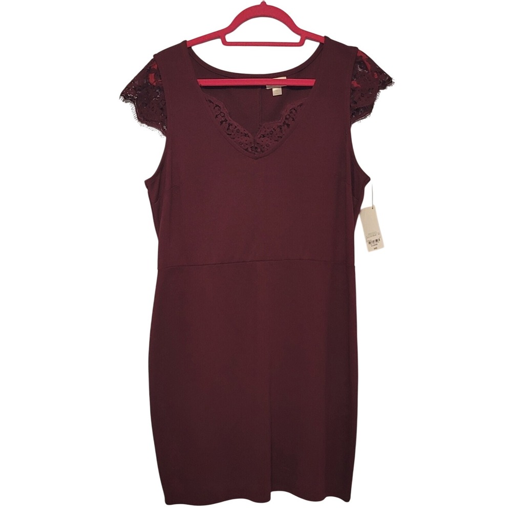 NWT, DECREE Women's Burgundy Sheath V-Neck Lace Sleeve Dress XL